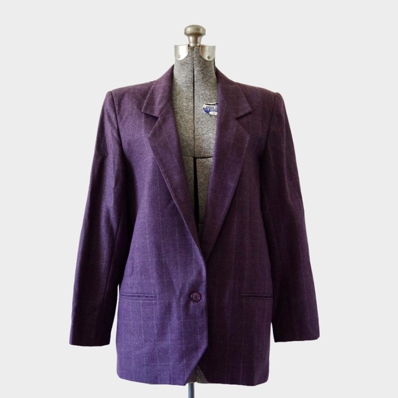 1980s Givenchy Signature Collection Purple Windowpane Plaid Wool Blazer Size 10 - Picture 1 of 8
